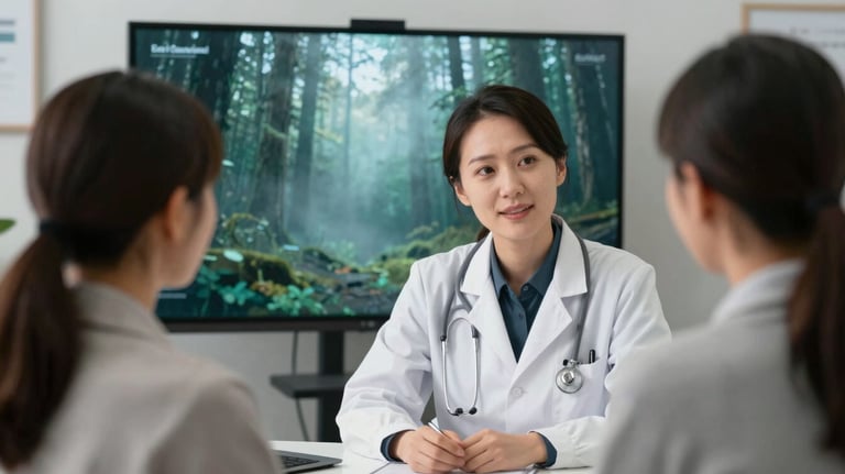 A professional consultation between a doctor and a patient in a North American / Canadian office, focusing on a screen with sage mist and forest teal graphics.