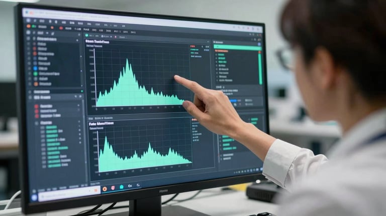 A professional analyzing a complex digital interface on a screen in a North American / Canadian research hub, showing data in arctic mint.