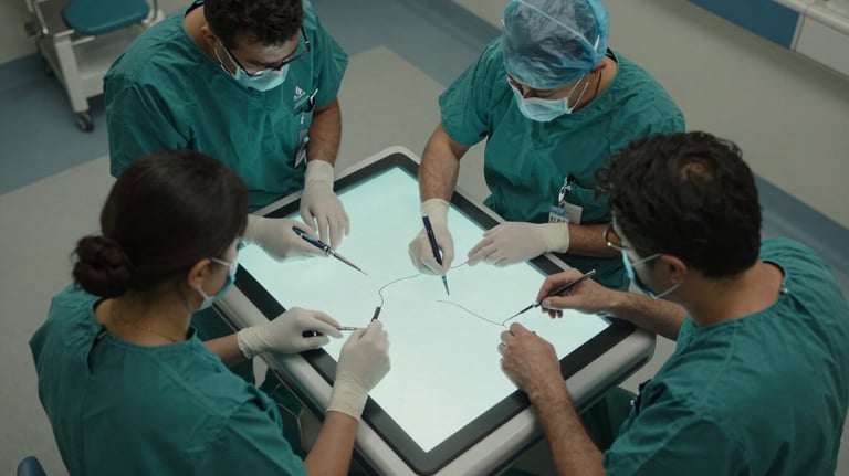 An aerial view of a medical team collaborating around a digital table in a North American / Canadian hospital, using forest teal tools.
