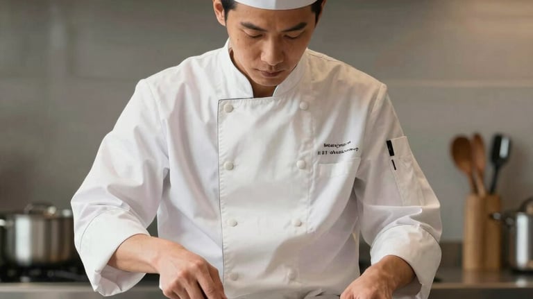 An elegant private chef plating a fresh seafood dish on a beachside table