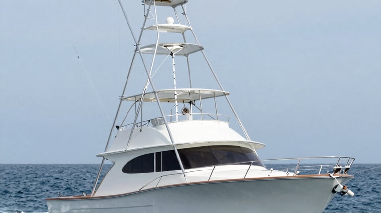A fishing boat cutting through calm blue waters under a golden sky
