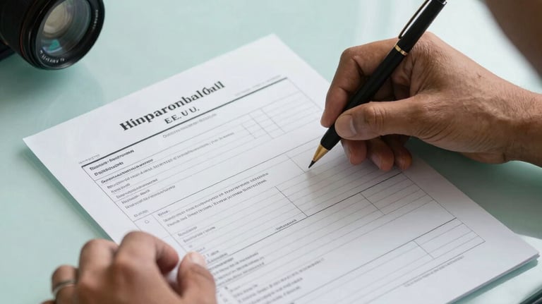 A detailed shot of hands organizing official immigration forms and a checklist on a light aqua desk, professional atmosphere, Global / Hispanohablante con enfoque en EE. UU.