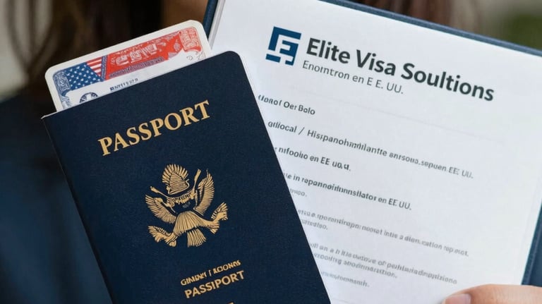 A close-up of a happy person holding their passport with a new US visa and a folder from Elite Visa Solutions, smiling with relief, Global / Hispanohablante con enfoque en EE. UU.