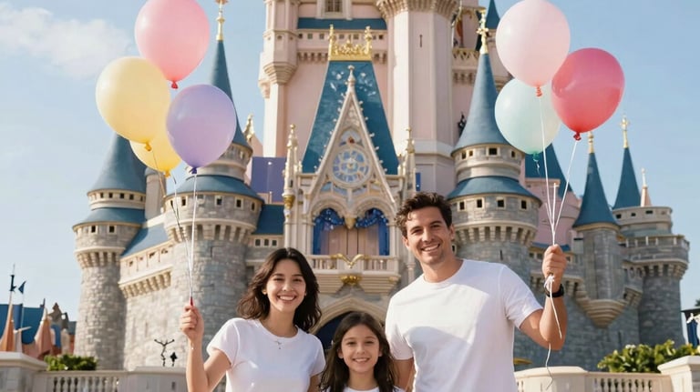 A joyful family of three posing in front of the iconic theme park castle in Orlando, holding colorful balloons, bright sunny day, Global / Hispanohablante con enfoque en EE. UU.