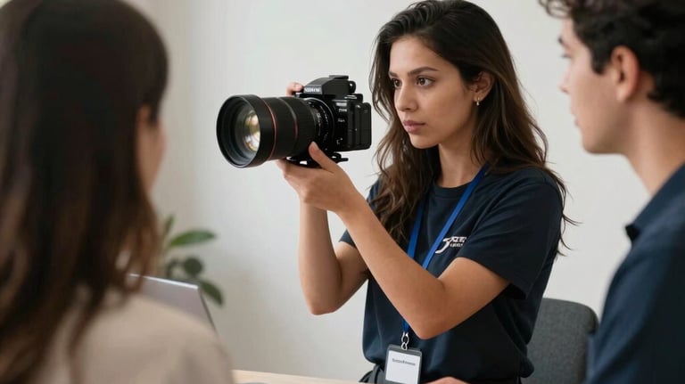 An agency team member conducting a professional photo session for a client to meet strict visa requirements, studio lighting, Global / Hispanohablante con enfoque en EE. UU.