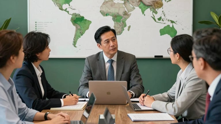 A group of professionals in a meeting room with a world map on the wall, planning immigration strategies, forest green accents, Global / Hispanohablante con enfoque en EE. UU.