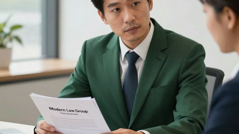 A professional immigration lawyer from Modern Law Group in a deep green suit discussing a case file with a client in a bright office, Global / Hispanohablante con enfoque en EE. UU.