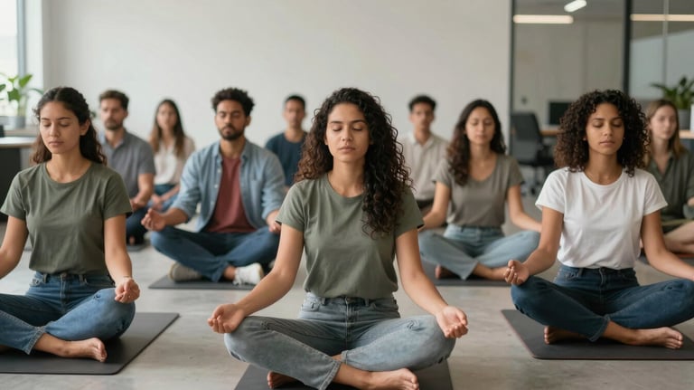 A group of diverse South American / Brazilian professionals participating in a guided meditation session inside a contemporary office space, peaceful expressions, soft lighting.