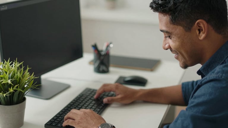 Close-up of a smiling South American / Brazilian professional working calmly at a clean, organized desk with a small plant, signifying focus and reduced stress.