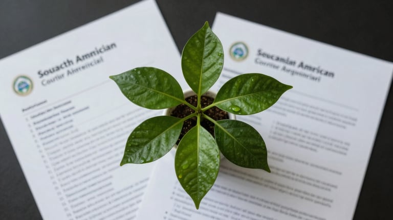 A minimalist, artistic shot of a healthy green plant growing next to professional documents, symbolizing growth and health in a corporate South American / Brazilian context.