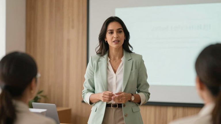 A professional South American / Brazilian woman leading an engaging corporate workshop in a bright, modern room, natural wood textures, brand colors of soft sage and cream.