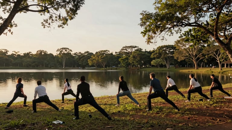A tranquil outdoor scene in Brasília, South America, where a corporate team is practicing light stretching near a lake, surrounded by native trees, warm sunset light.