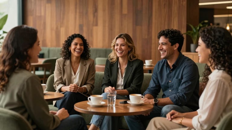 A collaborative South American / Brazilian team laughing together in a sophisticated lounge area, warm wood tones and soft green accents, positive workplace culture.