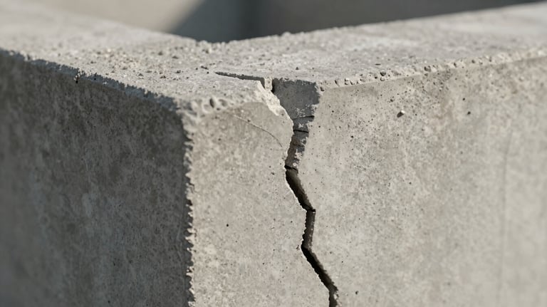 Close-up macro of a concrete structure showing a specific stress crack, professionally lit for technical documentation, architectural engineering style.