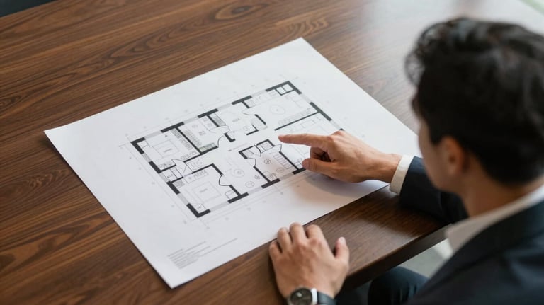 Overhead view of a meeting room where a professional points at a complex building floor plan, high-quality materials, elegant Brazilian corporate atmosphere.