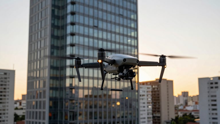 A high-precision surveying drone hovering near the facade of a modern glass and steel building, Brazilian urban skyline in background, sunset light.