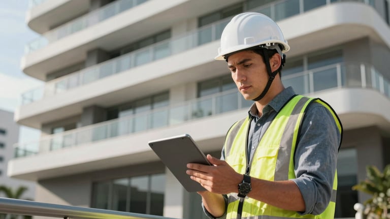 A focused civil engineer in a professional white helmet inspecting a luxury balcony structure with a digital tablet, South American setting, high-end residential building.