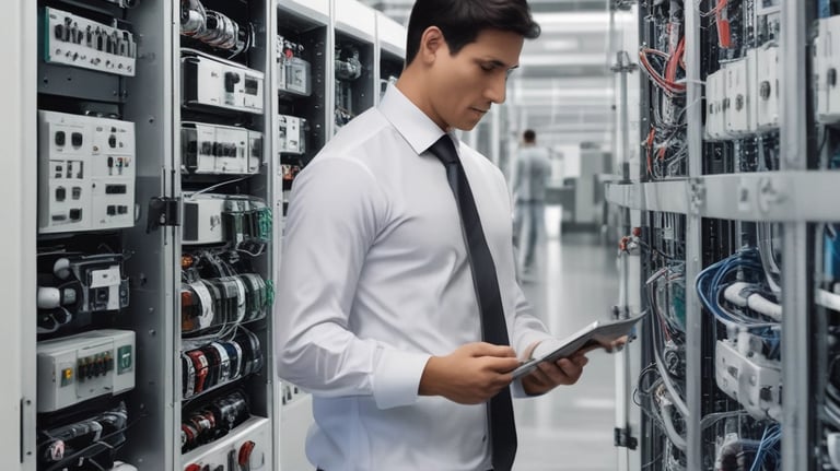Technician working on server room HVAC and network equipment