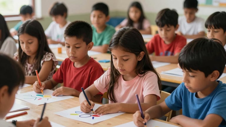 A diverse group of South American children participating in an extracurricular art workshop, focus on creativity and joy, photography.