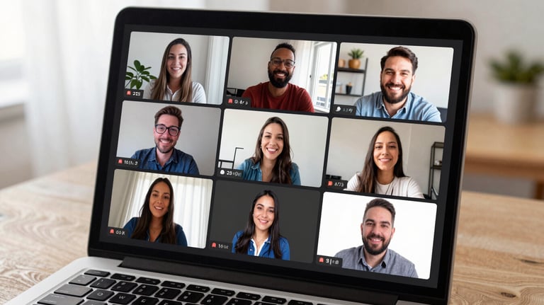 Close-up of a laptop screen showing a Zoom meeting with several smiling faces of parents and a professional moderator, indoor South American home office.