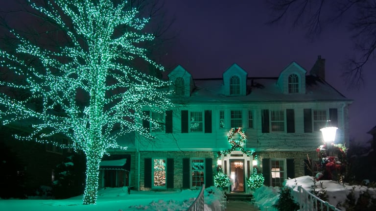 Christmas lights on tree in front yard in monument Colorado
