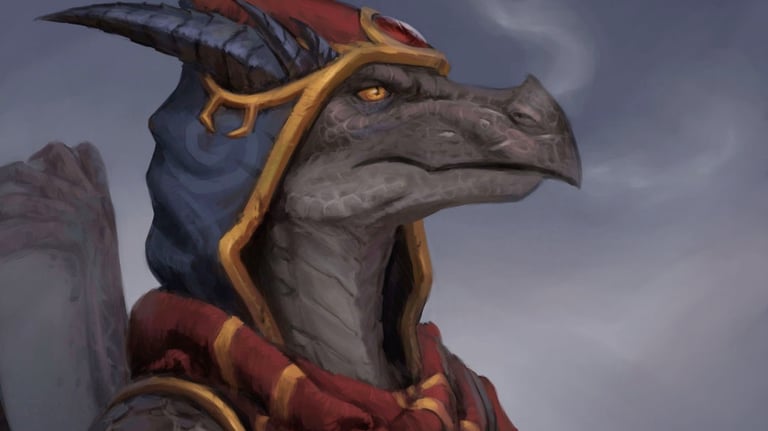 Portrait of a Dracthyr (Anthropomorphic dragon) from the game World of Warcraft. Painted by stickerb.