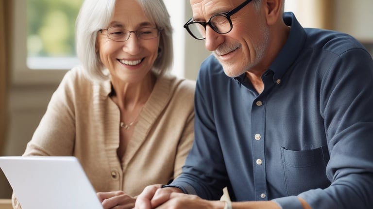 A person is typing on a MacBook Pro, viewing a website titled 'Personalize your portfolio.' The webpage displays three sections related to investing, each with different images and text. The laptop is on a grey table with a dark sofa and indoor plants in the background.