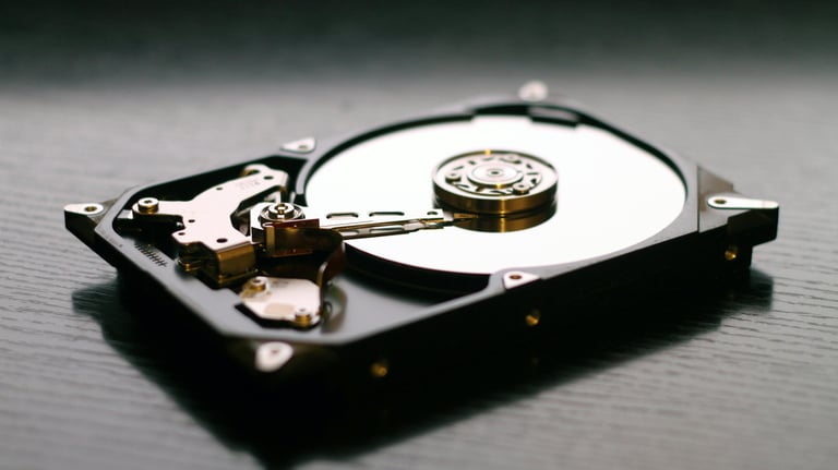 Lifestyle image of the interior of a computer storage drive on a black surface.