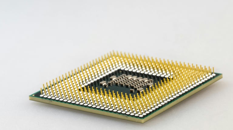 Lifestyle image of a gold colored computer processing chip.