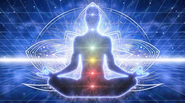 a person sitting in a lotus flower pose with chakras illuminated