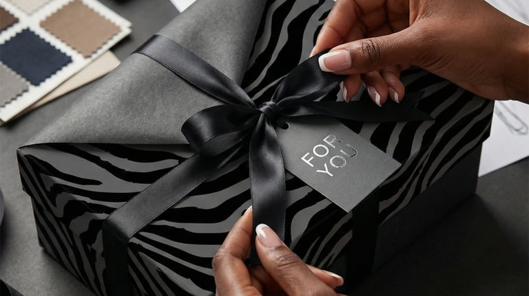 Hands tying a black satin ribbon on a zebra print gift box with a For You tag.