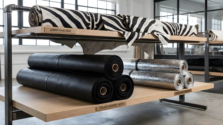 Rolls of premium Italian leather, zebra hair hide, and embossed silver metallic fabric on wooden studio shelves.