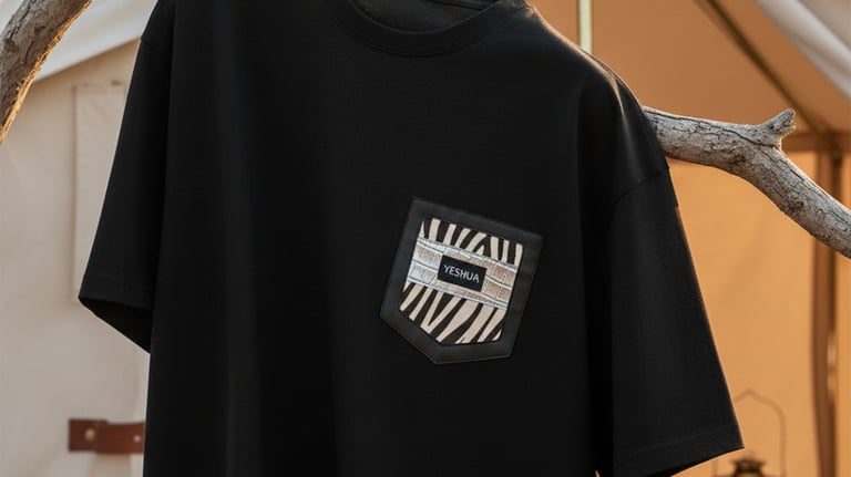 Black crewneck t-shirt with a patterned chest pocket hanging on a tree branch near a camping tent.