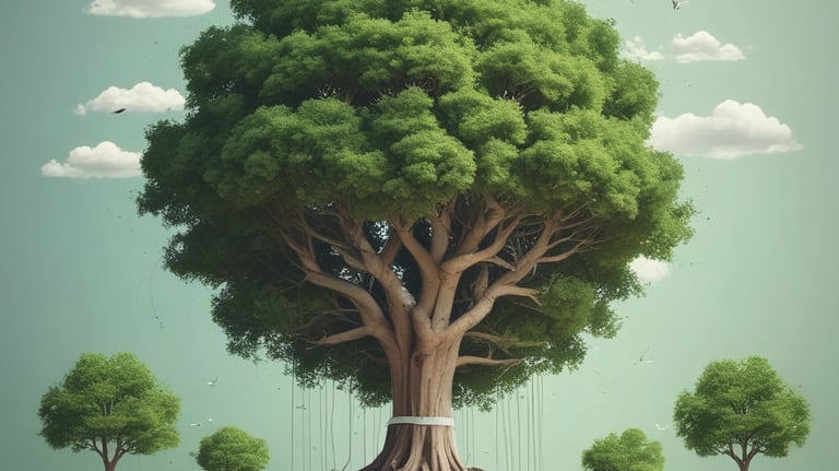 A traditional building with a tiled roof and white walls. There are green doors and windows. In front of the building, there is a garden with vibrant flowers and neatly trimmed hedges. A concrete staircase leads up to the building. The sign in front reads 'GEDUNG PERUNDINGAN'. The sky is overcast, and there are large trees on the right side of the image.