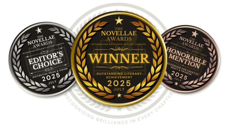 Three Novellae Awards medals: Winner, Editor's Choice, and Honorable Mention – July 2025 Literary Honors.