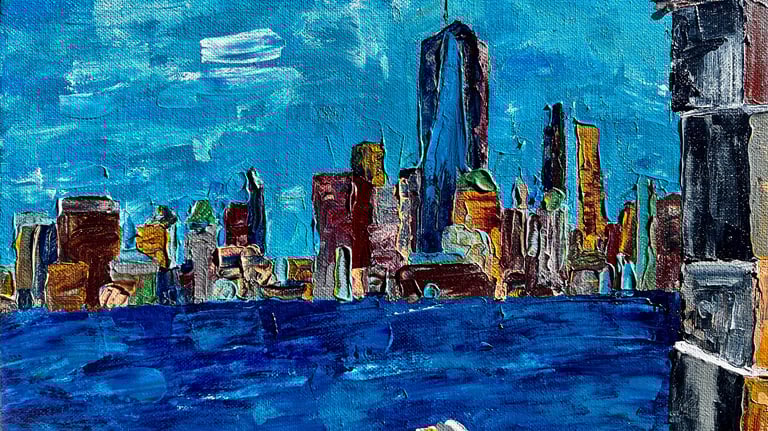 a painting of New York City skyline with a view of downtown NYC