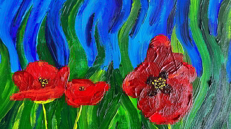 a painting of red Poppie flowers on a blue background by Tyler Witt