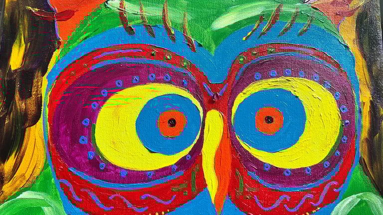 a colorful owl painting of a sun seeking owl by Tyler Witt