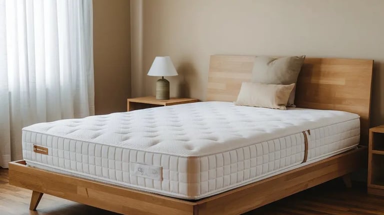 Un matelas en mousse sur un lit en bois dans une chambre