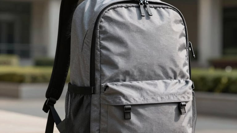 A stylish and modern gray backpack for college students, shown in a trendy urban campus setting in Hyderabad, India. The sunlight hits the fabric, showing its water-resistant quality and contemporary aesthetic.