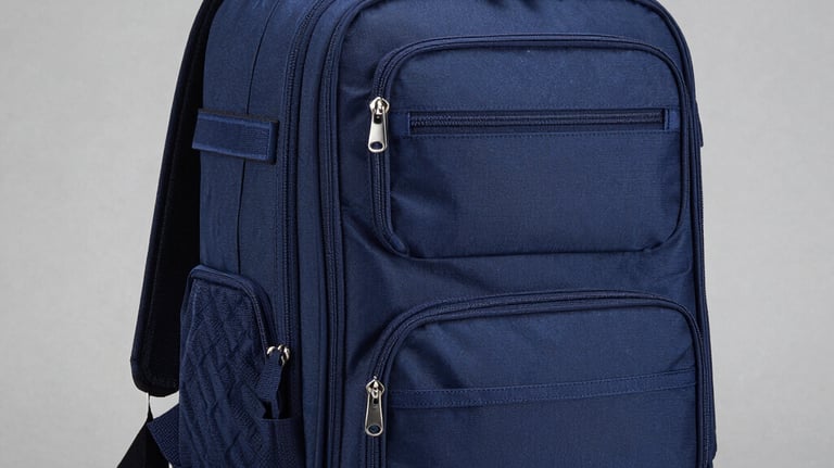 A professional product shot of a high-quality navy blue school bag with multiple compartments, placed against a clean silver gray background. The lighting is crisp, highlighting the durable zippers and fabric. South Asian / Indian school context.