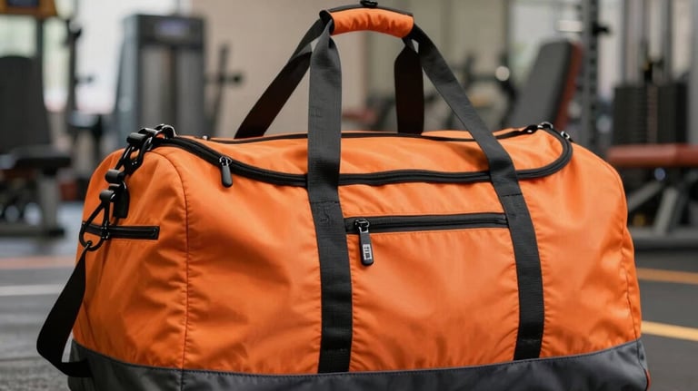 A vibrant orange and slate gray sports duffel bag, photographed in a well-lit indoor gym environment in India. The bag looks sturdy and spacious, perfect for travel or athletic use. South Asian / Indian setting.
