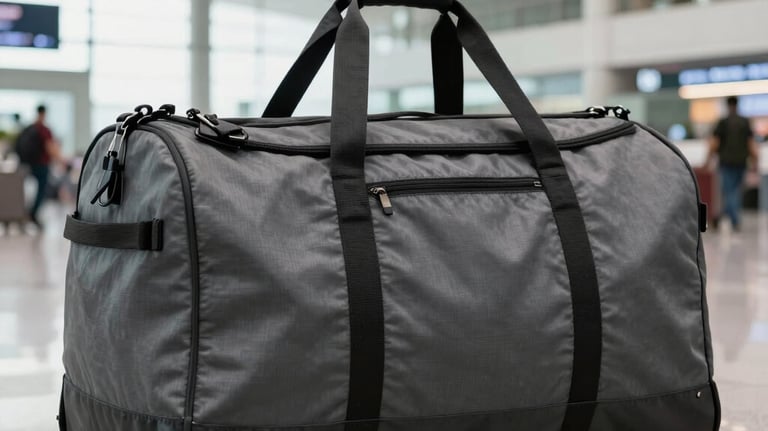 A large, heavy-duty travel duffel bag in slate gray, shown in a travel-ready South Asian / Indian airport setting. The lighting is bright and industrial, emphasizing the bag's capacity and rugged construction.