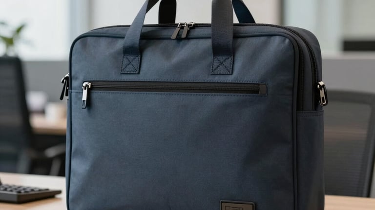 A professional laptop bag in charcoal blue, placed on an office desk in a high-tech corporate office in Hyderabad. The shot is sharp and clean, focusing on the functionality and modern style of the bag.