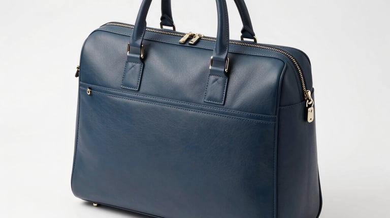 A studio shot of a professional charcoal blue executive office bag on a cloud white surface. The composition is clean and minimalist, showcasing the bag's sophisticated design and premium stitching.