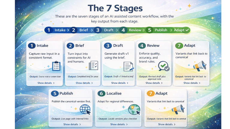 Infographic showing 7 stages of AI assisted content workflow with publishing & video localisation