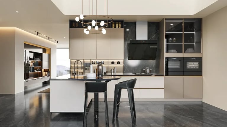 a kitchen with a bar stool and a bar stool