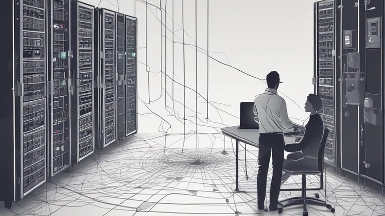 A team of professionals analyzing network security systems in a modern office.