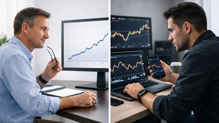 Investor comparing long-term growth and short-term market trends