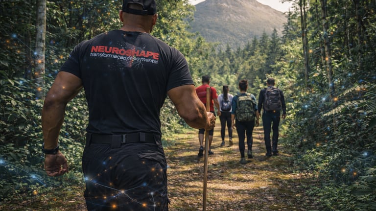 A group of hikers follow a Neuroshape fitness trainer on a mountain forest trail during a mental transformation retreat.